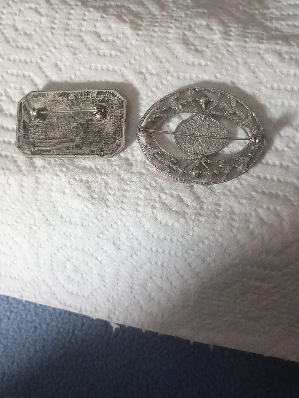 Antique, Victorian,Silver Filigree Brooches with Mother of Pearl,Crystal Accent